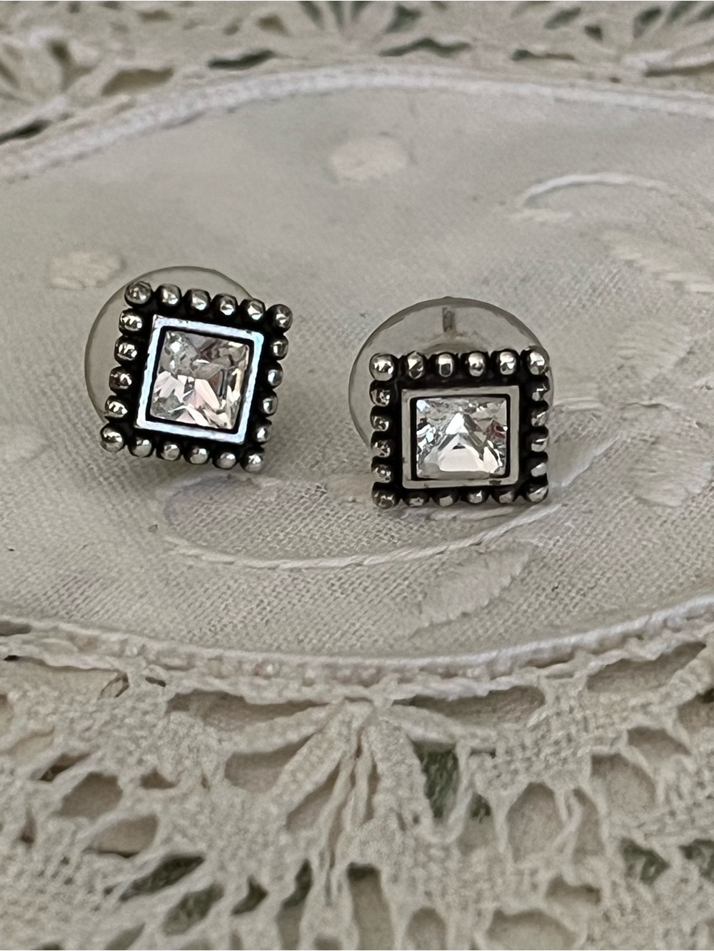 Sterling Silver Square CZ Stud Earrings Beaded Milgrain Frame, Brighton style